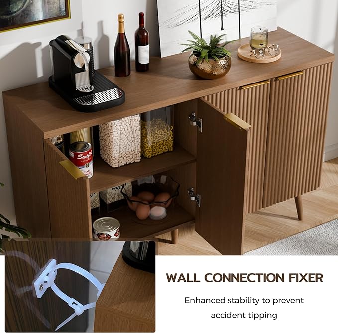 47.2" Sideboard Buffet Cabinet with Storage, Modern Fluted Accent Credenza with 4 Doors, Buffet Media Console Entryway Cabinets with Adjustable Shelves for Living Dining Room Hallway, Walnut-NeatNest