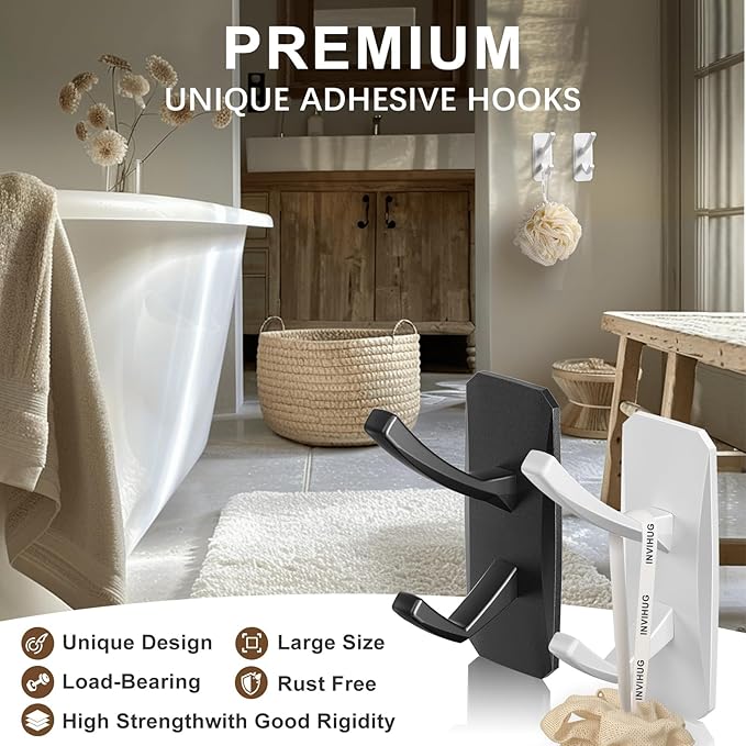 INVIHUG, Large Size Modern Adhesive Wall Hooks, Heavy Duty RV Hooks for Hanging Jacket, Coat, Towel, Robe, Loofah in Bathroom, Kitchen and Office Wall Mount (2 Packs, White)