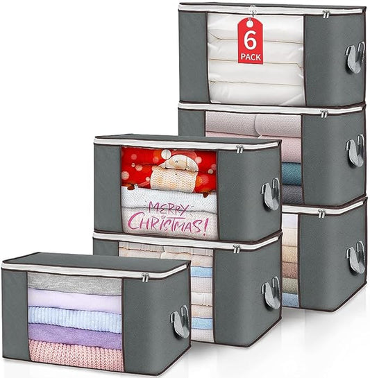 Budding Joy Clothes Storage, Foldable Large Blanket Storage Bags with Zippers, Storage and Organization for Clothing, Comforter, Bedding, Toys, Closet Organizers with Enhanced Handle, 60L 6 Pack Gray-NeatNest