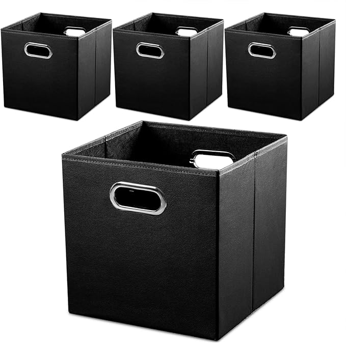 PRANDOM Leather Foldable Cube Storage Bins 13x13 inch [4-Pack] Fabric Storage Baskets Cubes Drawer with Cotton Handles Organizer for Shelves Nursery Closet Bedroom Clothes Black-NeatNest