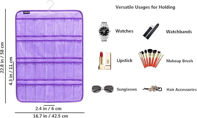Hanging Watch Band Organizer Watch Bands Straps Accessories Holder Watches Storage Display Case with 28 Clear Pockets (PURPLE)-NeatNest
