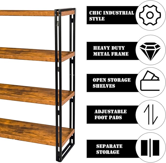 47" 4-Tier Bookshelf Rustic Wood and Metal Industrial Bookshelf for Home Office, Bedroom, Kitchen, Bathroom (Rustic Brown, 4-Tier)-NeatNest