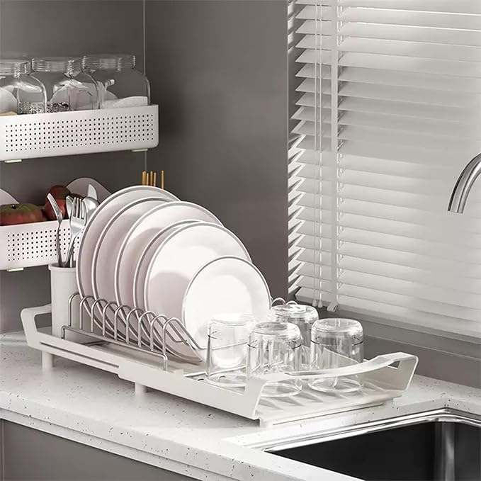 Expandable Dish Drying Rack for Sink or Countertop – Compact Stainless Steel Dish Drainer with Removable Utensil Holder, Rustproof Plate Rack for Small Kitchen Spaces, White
