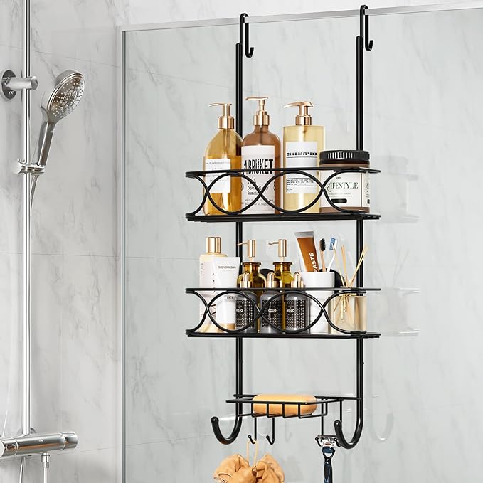LEVERLOC Over The Door Shower Caddy, Shower Hanging Organizer Sturdy Rust Proof Bathroom Shelves with Strong Suction Cup and Reliable Hooks, Bath Basket Storage Rack, Metal Black-NeatNest