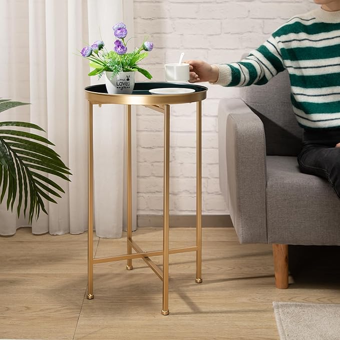 HollyHOME Small Round Metal Waterproof End Table, Accent Indoor&Outdoor Coffee Side Table, Snack Sofa Table for Living Room, Anti-Rust Decorative Plant Stand, (D) 14.5" x (H) 25", Gold&Navy Blue-NeatNest