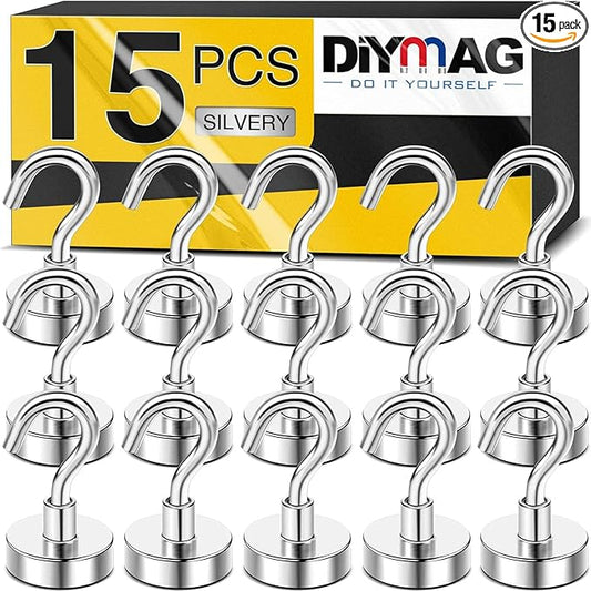 DIYMAG Magnetic Hooks, 30Lbs Strong Heavy Duty Cruise Magnet Hooks for Classroom, Fridge, Hanging, Cabins, Grill, Kitchen, Garage, Workplace and Office etc, (15 Pack-Silver)-NeatNest
