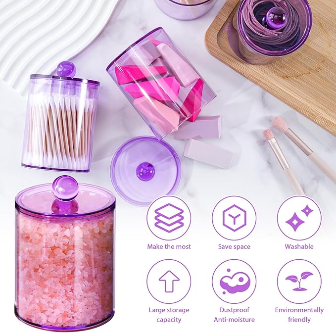 2 Pack Qtip Holder, Apothecary Jars Holder Dispenser, Bathroom Jars with Lids Set for for Cotton Swabs, Balls, Pads, Floss Picks,10oz-12oz Plastic Canisters(Purple)