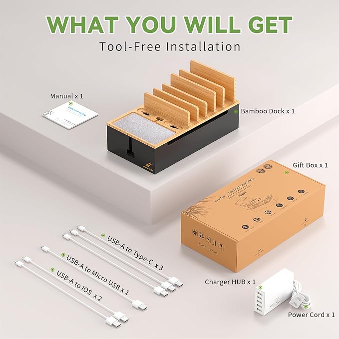 Pezin & Hulin Cord Organizer Box, Surge Protector Organizer, Device Charger Station for Phones & Tablets, Wood Charging Dock -with 6 Wire Cables, BUT NO Power Supply - Natural + Black