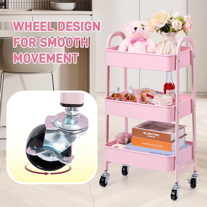 AGTEK 3-Tier Rolling Carts with Wheels, Rolling Utility Cart with Iron Frame for Kitchen, Plastic Shelves, Living Room, Office, Pink