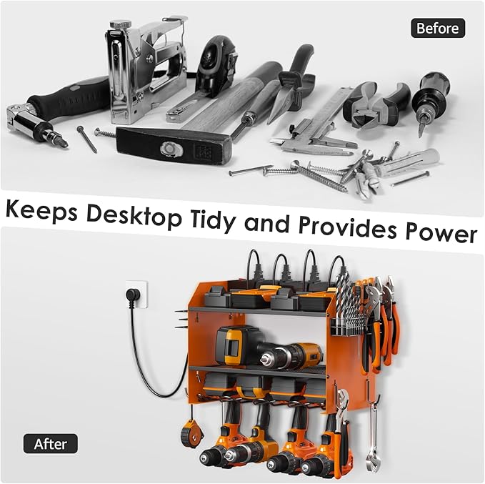 CCCEI Modular Power Tool Organizer Wall Mount with Charging Station. Garage 4 Drill Storage Shelf with Hooks, Drill Bit Heavy Duty Rack, Orange Tool Battery Holder Built in 8 Outlet Power Strip.-NeatNest