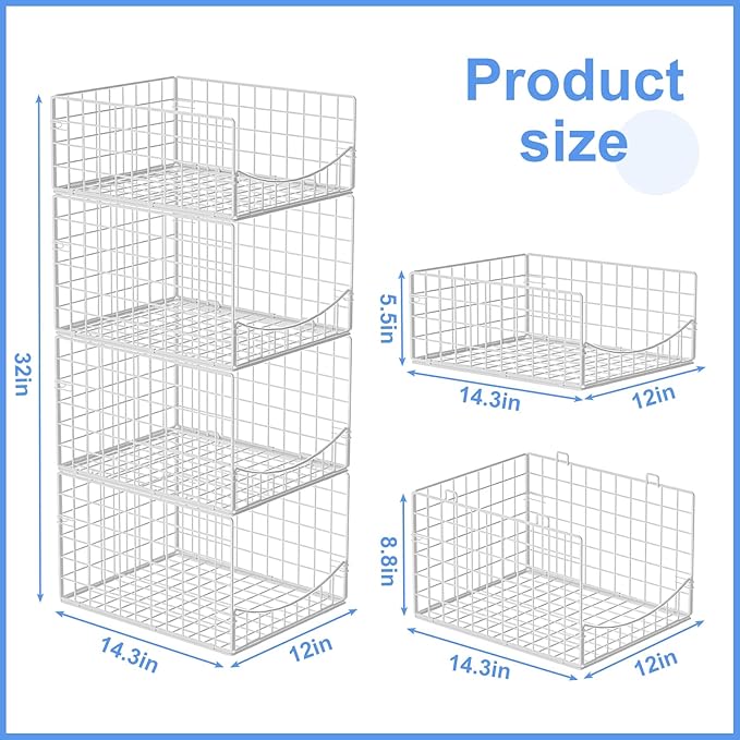 4-Tier Stackable Closet Organizers and Storage Shelves, Clothes Storage Basket Sweater Organizer Bins Container for Wardrobe Kitchen Bathroom Office, White