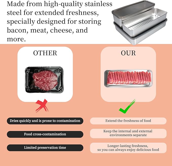 10 Pack Bacon Cheese Meat Storage Container Stainless Steel Airtight Storage Container Kitchen Food Storage Containers Fruit Tray with Lids Stackable Fridge Organizer Bins for Fruit Vegetable Food