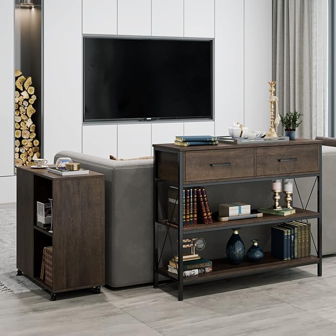 HITHOS Industrial Console Table with Drawers, Vintage Hallway Foyer Table with Storage Shelves, Narrow Long Sofa Entryway Table for Living Room, Dark Brown-NeatNest