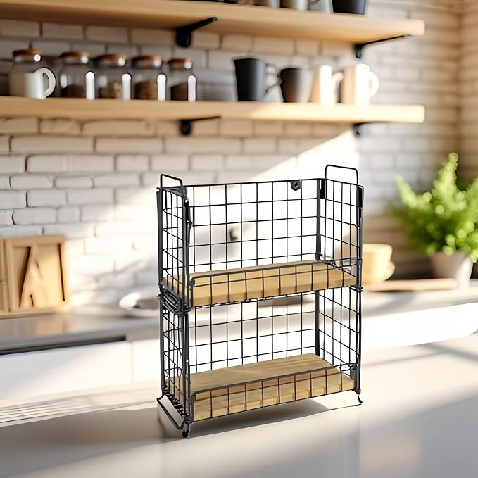 TIEYIPIN 2-Tier Stackable Metal Wire Hanging Baskets, Fruit Basket,Snack Station for Countertop, Coffee Bar Storage Organizer with Detachable Wooden Base, Rustic Farmhouse Counter Shelf - Black