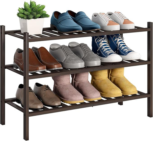 BMOSU 3-Tier Bamboo Shoe Rack Premium Stackable Shoe Shelf Storage Organizer for Hallway Closet Living Room Entryway Organizer (Brown Bamboo)-NeatNest