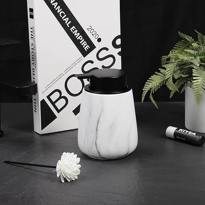 12Oz Ceramic Liquid Soap Dispenser - Modern Lotion Hand Soap Dispenser with Easy-to-Press Black Pump, Reusable and Refillable Dish Soap Dispensers for Bathroom & Kitchen, Marble White-NeatNest
