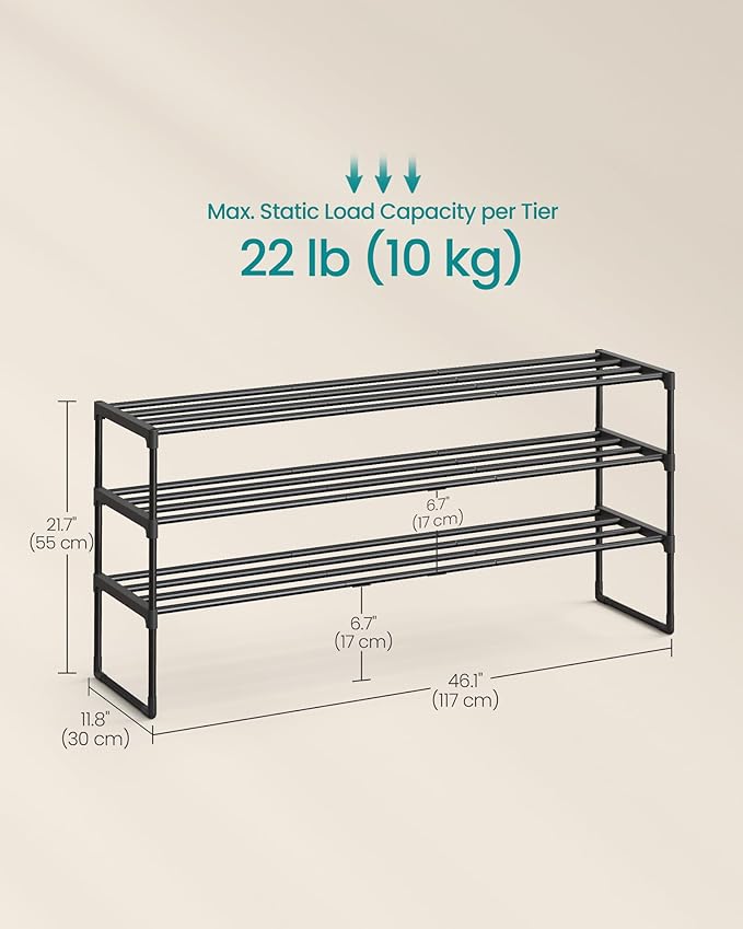 SONGMICS Shoe Rack, 3-Tier Shoe Organizer, Metal Storage Shelf, Upright or Upside Down, for 20-24 Pairs, Stackable, for Entryway, 11.8 x 46.1 x 21.7 Inches, Black ULSA033B01-NeatNest