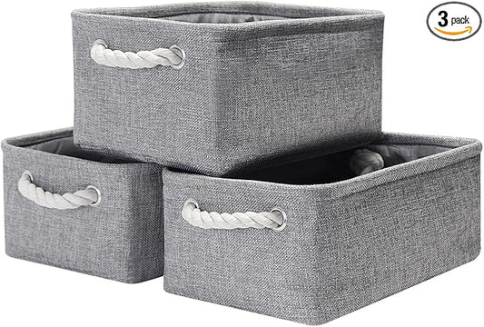 Fabric Storage Bins, 3 Pack Foldable Cube Baskets with Rope Handles, Large Collapsible Storage Cubes for Home, Office, Closet, Clothes, Books Organizer. (Gray, 3PCS/12.2*8.2*5.1inch)-NeatNest