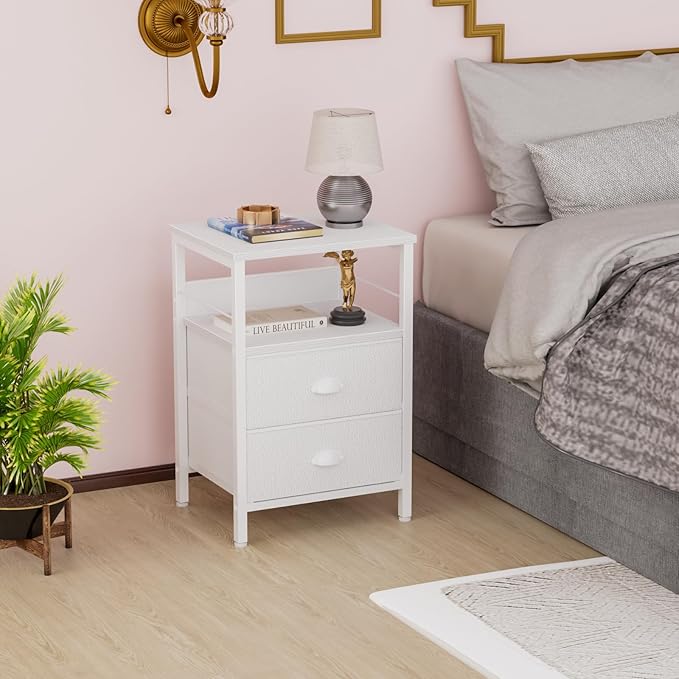 Furologee Nightstand Bedside Table with 2 Fabric Drawers, White Side Table with 2-Tier Shelf, Night Stand with Hooks, for Bedroom, Living Room, Backboard Design, Wooden Top, Metal Frame, White