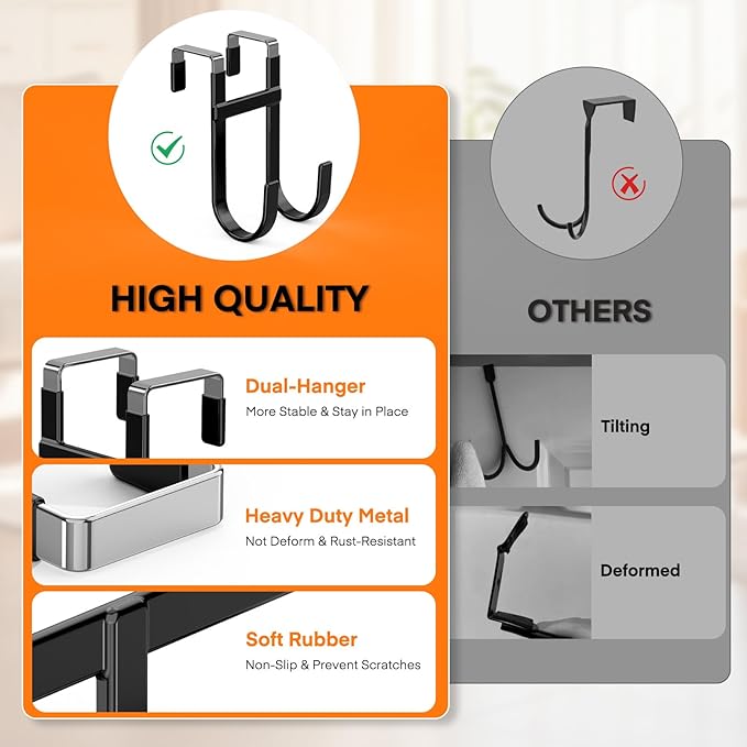 FYY Over The Door Hooks - 2 Pack Heavy Duty Dual-Hook Organizer Hanger with Non-Slip Rubber for Towels, Clothes, Hats & Bags Use in Bathroom, Bedroom, Kitchen - Fits Interior Doors Up to 1 3/8" Black-NeatNest
