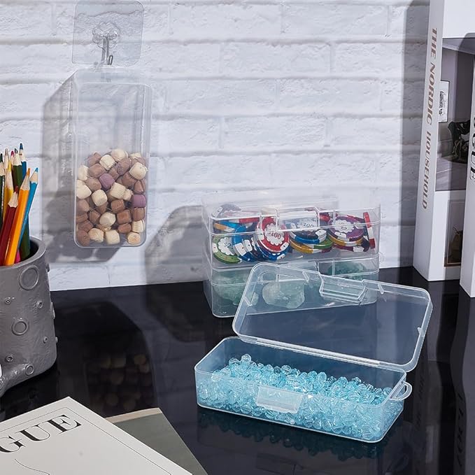 BENECREAT 4 Packs Rectangle Plastic Container Box, 6.4x2.6x1.8inch Clear Storage Organizer with Hinged Lid and Hanging Hole for Small Craft Accessories Office Supplies-NeatNest