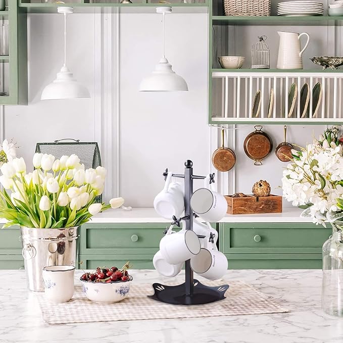 Coffee Mug Holder for Countertop, Cup Holder with 6 Hooks, Mug Stand for Counter, Coffee Bar Accessory, Mug Tree Station Organizer, Black-NeatNest