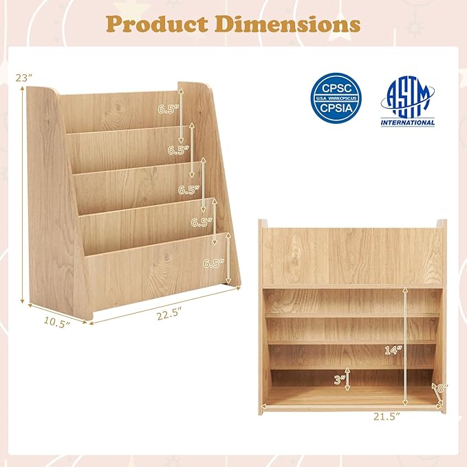 GLACER 4-Tier Kids Bookshelf, Wood Toddler Bookcase with Deep Magazine Display Shelf & Back Storage Space, Children Storage Organizer for Nursery, Playroom, Kids Bedroom, Classroom (Natural)