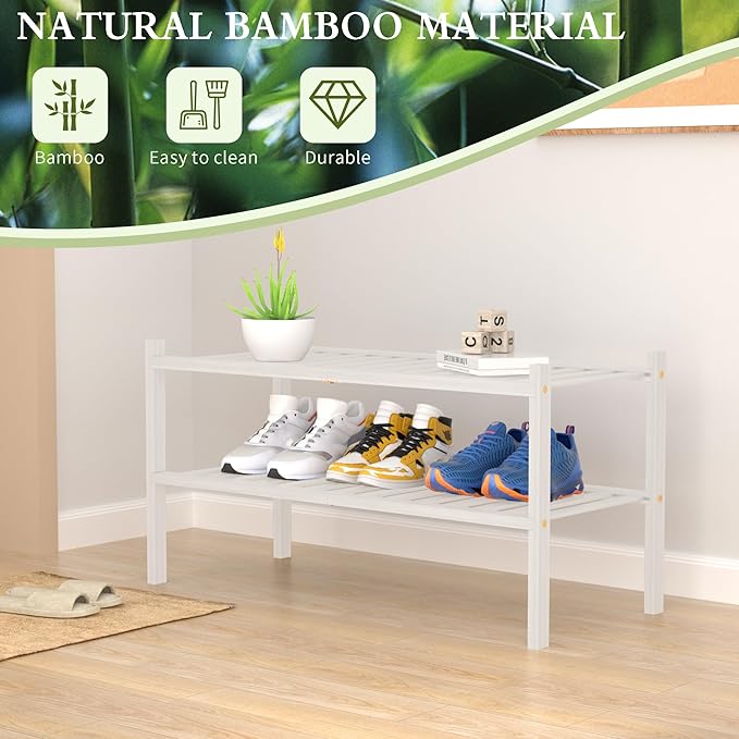 2 Tier Bamboo Shoe Rack for Closet Free Standing Wood Shoe Shelf for Entryway Small Space Stackable 27"x11"x13" (White)-NeatNest