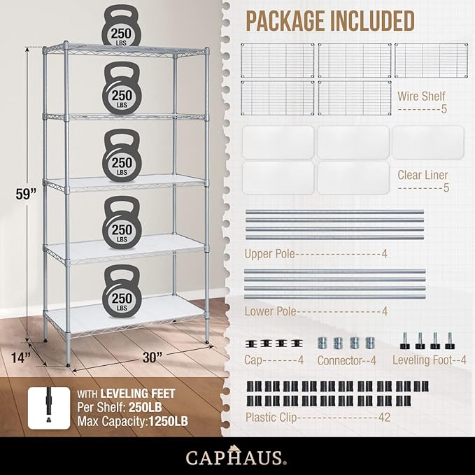 CAPHAUS NSF Adjustable Shelves Metal Wire Shelving Unit w/Liners, Kitchen Storage Shelving, Metal Steel Storage Shelving, Garage Shelving Storage Organizer, Utility Shelf, 5-Tier No Wheels, Silver-NeatNest