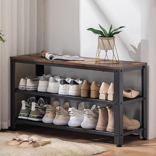 Apicizon Shoe Rack, 35.5 Inches 3-Tier Shoe Rack for Entryway with Long Seat and Metal Shelves for Garage, Industrial Storage Bench with Steel Structure for Living Room, Bedroom, Mudroom, Rustic Brown-NeatNest