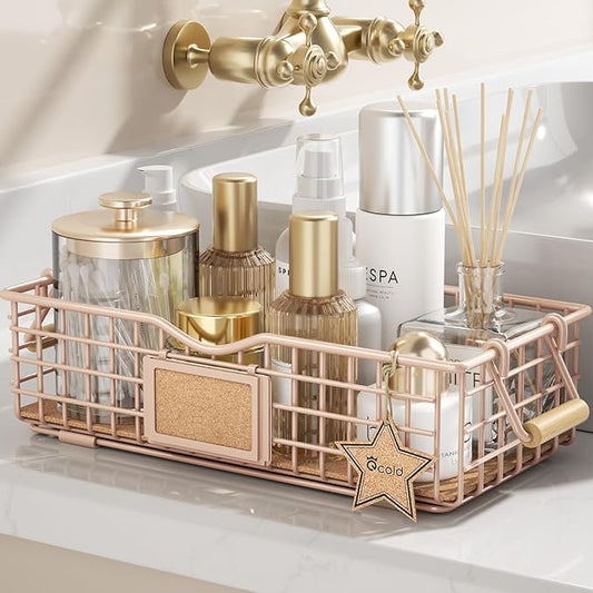 Bathroom Storage Basket with Handle, Home Decor Organizer - Bathroom Organizers and Storage - Exquisite Vanity Tray for Skincare - Counter Tray for Organizing - Pink-NeatNest