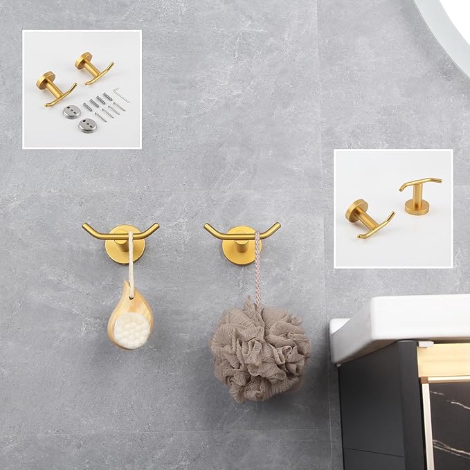 GERZWY Bathroom Double Coat Hook Gold Stainless Steel Towel/Robe Clothes Hook for Bath Kitchen Wall Mounted 2 Pack AG61908-2BE