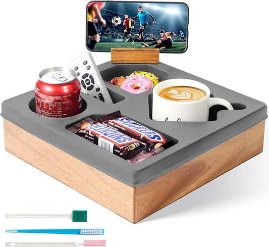 Couch Cup Holder Tray – Wooden Sofa Arm Organizer with Silicone Insert, Spill-Proof Snack & Drink Holder, Waterproof Couch Caddy for Remote, Phone & More – Bed, Car, RV, Living Room Essentials（Gray）-NeatNest