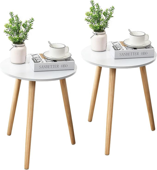 Apicizon Round Side Table Set of 2, White Nightstand Coffee End Table for Living Room, Bedroom, Small Spaces, Modern Home Decor Bedside Table with Natural Wood Legs, 16.5 Inches-NeatNest