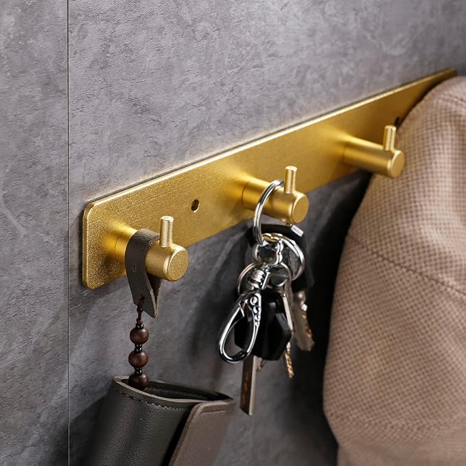 Gold 4 Wall Hooks, Brushed Gold Bathroom Hook Rail, Self Adhesive Key Hook Rack Hanger Towel Robe Stick Hooks for Toilet Entryway Hallway Kitchen Wall Mounted