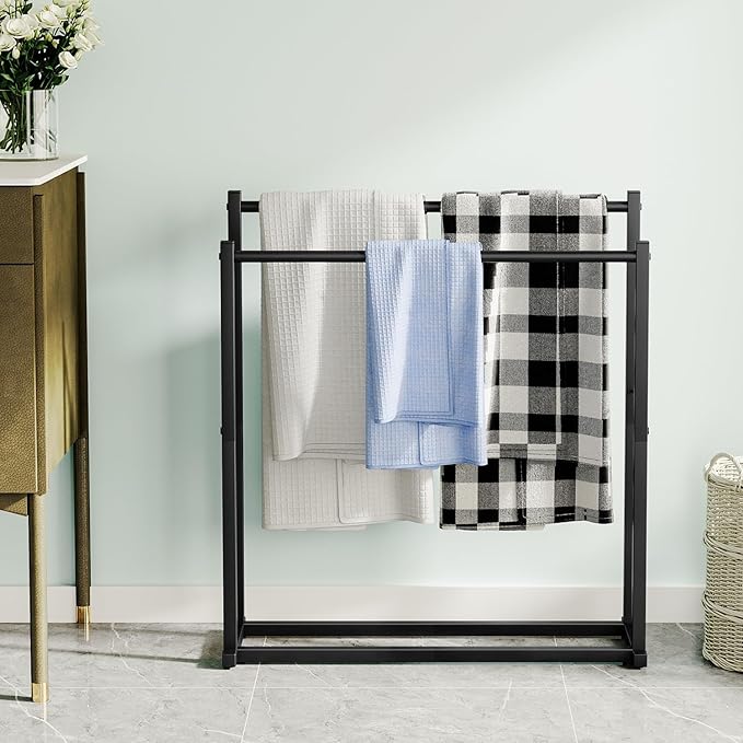 Honiter Towel Racks for Bathroom, 2 Tiers Wider Towel Drying Rack Outdoor, Free Standing Towel Rack, Pool Towel Blanket Stand and Display Rack for Oversized Bath Towels, Black