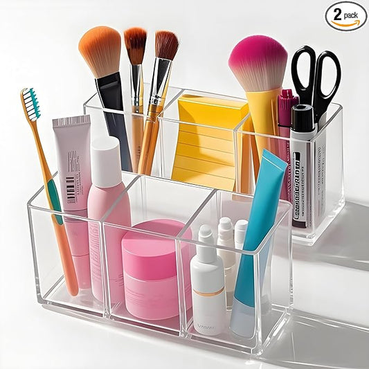 Acrylic Makeup Brush Holder, 2 Pack Clear Pencil Holder, Desk Accessories Holder with 3 Compartments, Brush Organizer for Vanity, Desk, Cosmetic Display-NeatNest