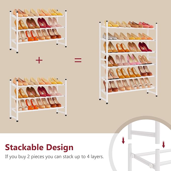 Tajsoon Expandable Shoe Rack for Closet 3 Tier, 28“-41“Adjustable & Stackable Shoe Shelf Storage, Metal Shoe Rack Organizer for Front Door Entrance, Closet, Garage, Entryway, White-NeatNest
