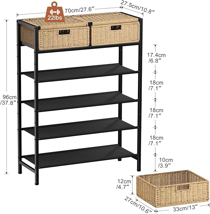 Shoe Rack, 5 Tier Shoe Storage Organizer with 2 Hand Woven Drawers, Metal Shoe Shelf for 16-20 Pairs of Shoes, with 4 Fabric Shelves and Woven Top, Shoe Stand for Closet Entryway, Rustic Oak-NeatNest