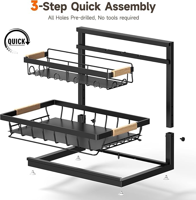 2 Packs Under Sink Organizer, High Adjustable 2 Tier Under Kitchen sink organizer, Multi-Purpose Storage Shelf for Kitchen Bathroom Cabinet, Black (Black)-NeatNest