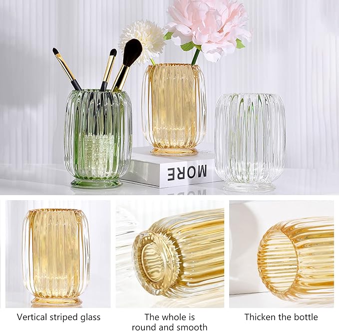 DASITON Makeup Brush holder Organizer,Crystal Cosmetic Makeup Brush Glass Brushes Storage Holder, Vintage Make Up Brush Cup striped vase(Amber)-NeatNest