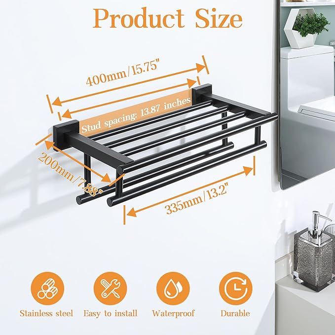 Alise Towel Rack,Large Towel Holder Towel Shelf with Double Towel Bars for Bathroom Lavatory,16-Inch SUS 304 Stainless Steel Wall Mount Towel Hanger,Matte Black