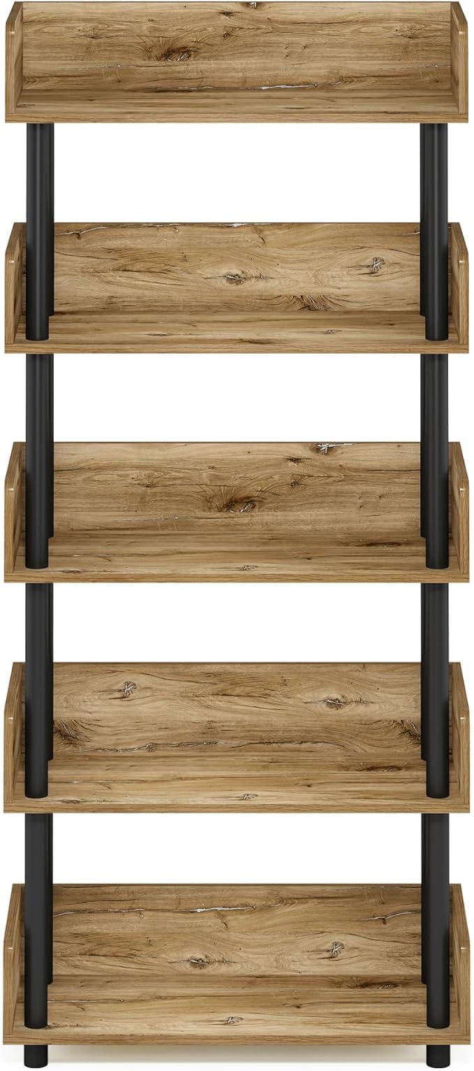 Furinno Turn-N-Tube 5-Tier Multipurposes Display Rack, Open Shelf Rack/Storage with back & side panel, Flagstaff Oak/Black-NeatNest