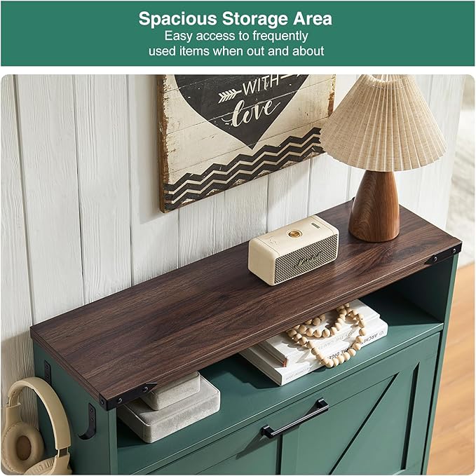 Shoe Storage Cabinet,Farmhouse Shoe Organizer with 2 Flip Drawers & Barn Door Design,Freestanding Hidden Slim Narrow Shoe Rack Cabinet with Open Storage for Entryway, Foyer,Hallway,Green-NeatNest