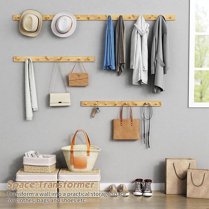 Forbena Natural Wood Coat Rack Wall Mount Set of 4, Wooden Wall Hooks for Bathroom Towels, Vertical Coat Hanger for Kids Room, Boys Girls Bedroom, Office, Entryway Keys Hats and Shoes -16 Hooks