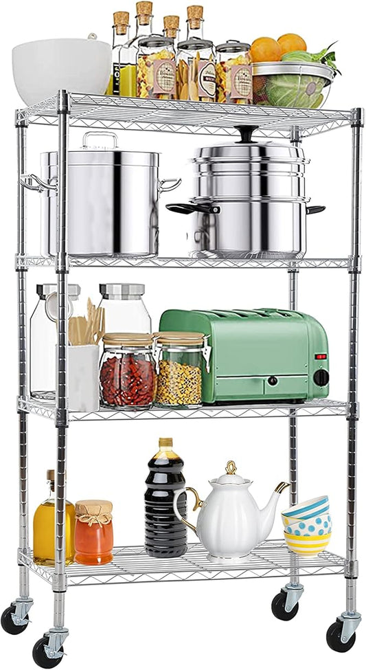 4-Tier Metal Wire Shelving Unit Kitchen Shelf Organizer Height Adjustable Storage Rack Utility Snack Shelf, NSF Certified Storage Shelves for Laundry Bathroom Kitchen Pantry Organization