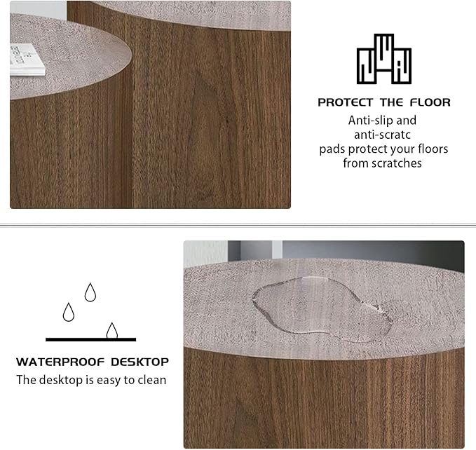 Nesting Coffee Table Set of 2, Modern Round Side Tables with Non-Slip Feet, Walnut Wooden Accent Table, Circle End Tables, Minimalist Table for Small Space Living Room Bedroom Balcony