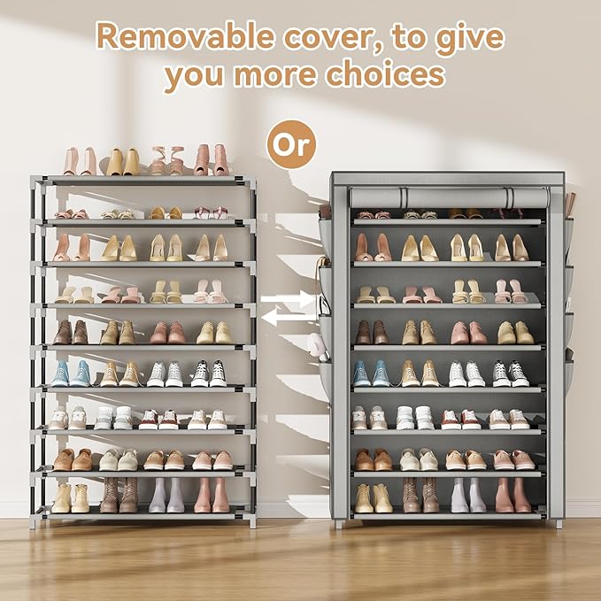 Shoe Rack with Cover, 8 Tier Tall Shoe Organizer Storage for 36-45 Pair Shoes and Boots Large Shoe Storage Shelf Free Standing Shoe Rack for Closet, Front Door Entrance, Dorm, Garage, Grey-NeatNest