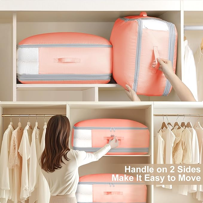 Comforter Storage Bag - Large Capacity Blanket Storage Bags 3-Layer Ultra Space Saving Self Compression Organizer, Washable Compression Bags for Storage Comforter Blanket, 6-Pack, Pink-NeatNest