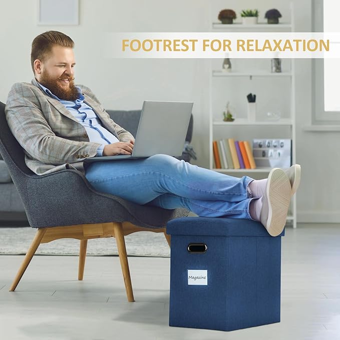 Tall Ottoman with Storage Collapsible Fabric Small Slim Folding Ottoman Furniture with Handles Lid for Room Footrest Foot Stool Linen Navy Blue 16.5x16.5x11.8in